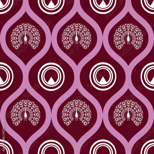 Peacock Ogee Pattern. A seamless ogee pattern featuring stylized peacock motifs in white, set against a rich maroon background with lavender accents.