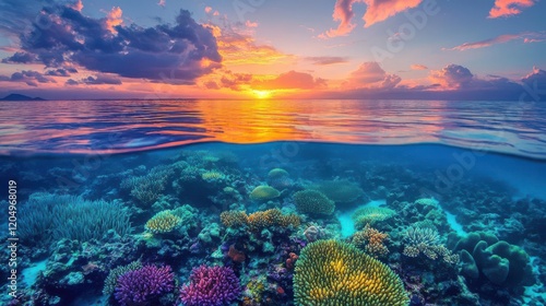 Fototapeta Naklejka Na Ścianę i Meble -  A vibrant sunset over a coral reef, showcasing colorful marine life beneath the tranquil ocean surface.