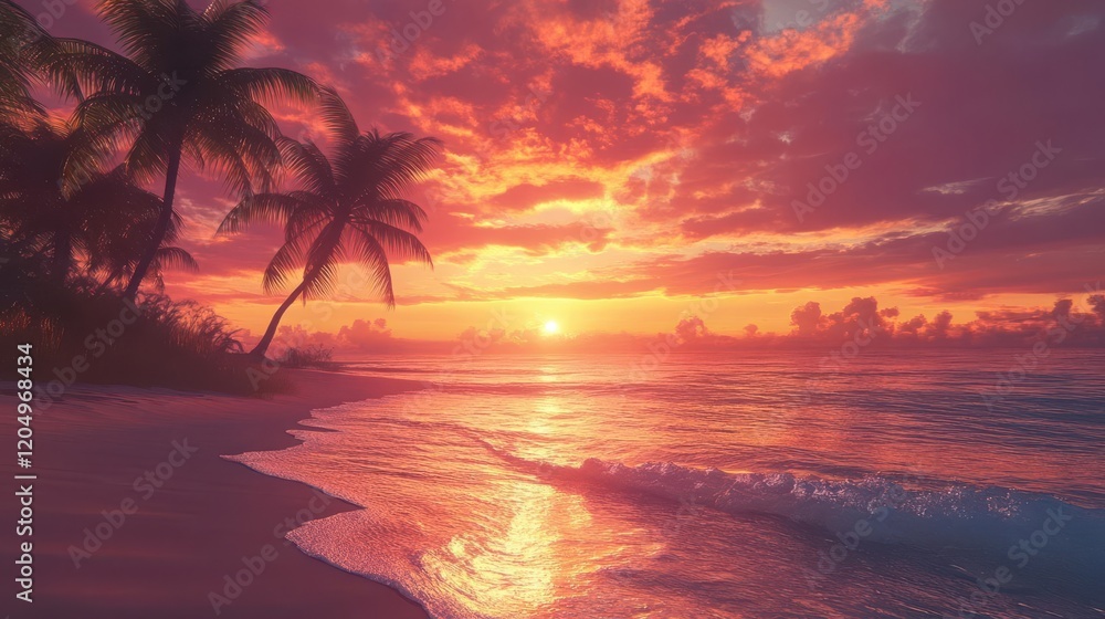 A tranquil beach scene at sunset, featuring palm trees silhouetted against vibrant pink and orange skies reflecting on calm waters. A tranquil beach scene at sunset, featuring palm trees silhouetted against vibrant pink and orange skies reflecting on calm waters.