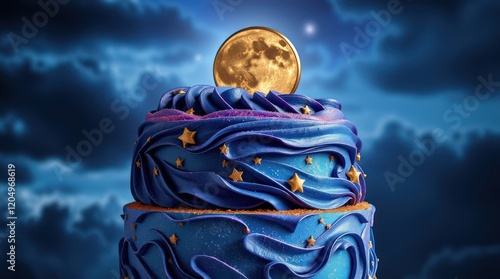 Scary Halloween night with a skeleton under a blue sky and moonlit clouds