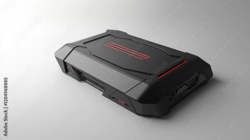 Futuristic black device studio shot, sleek design, gray background, tech concept Futuristic black device studio shot, sleek design, gray background, tech concept