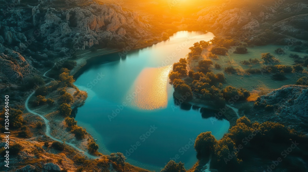 A serene landscape featuring a shimmering lake surrounded by lush greenery and rocky hills, illuminated by a warm sunset. A serene landscape featuring a shimmering lake surrounded by lush greenery and rocky hills, illuminated by a warm sunset.