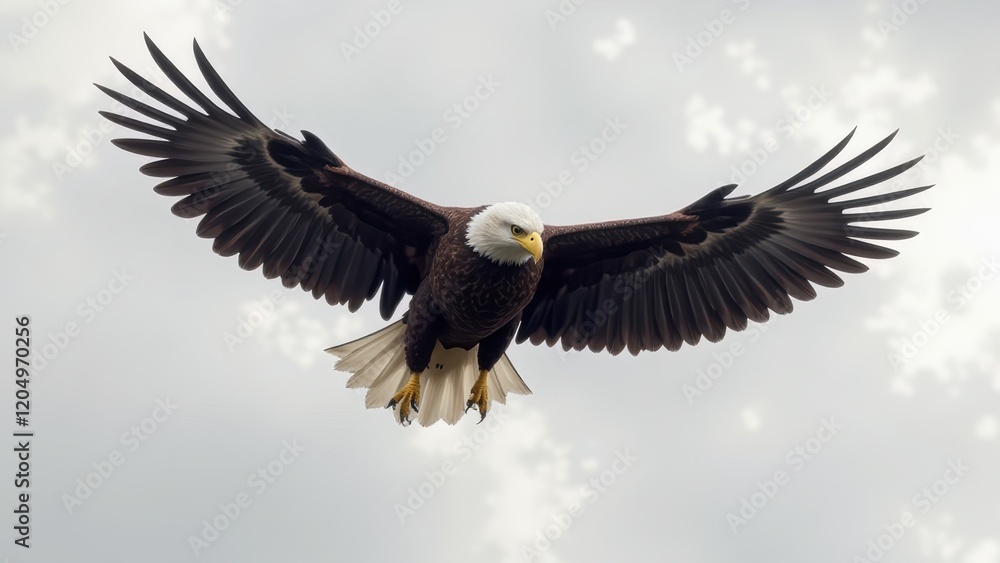 Fototapeta premium Soaring gracefully, a majestic bald eagle commands the sky from above with its expansive, shadowed wings. Its regal gaze sharpens as it glides rightward