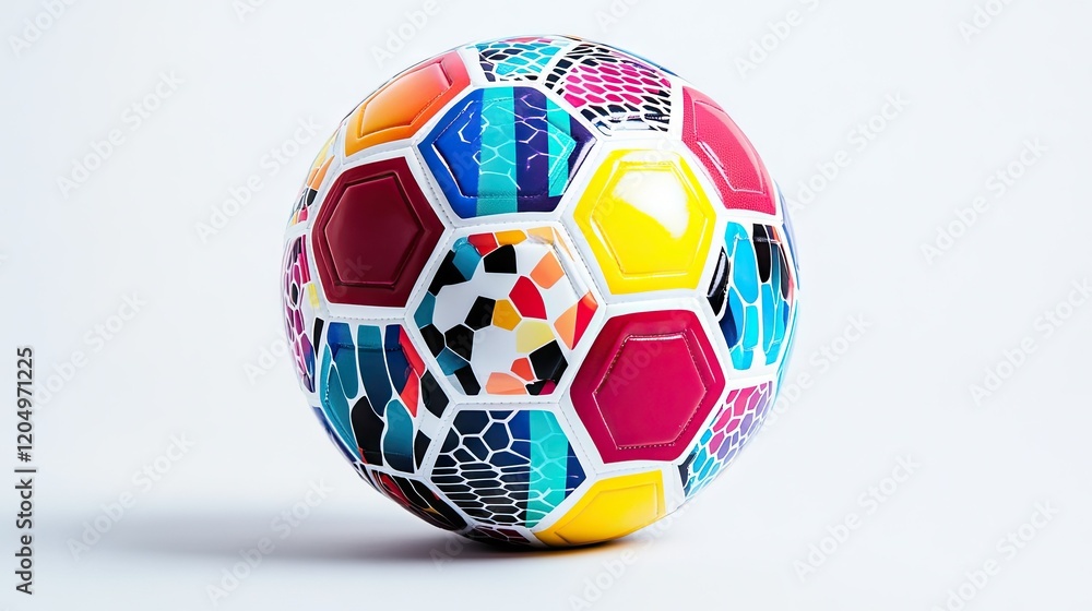 Obraz premium A vibrant soccer ball with colorful hexagonal patterns, resting on a clean white background.