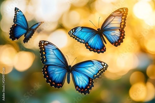 Three Blue Butterflies Spring Sunlight Bokeh Background photo