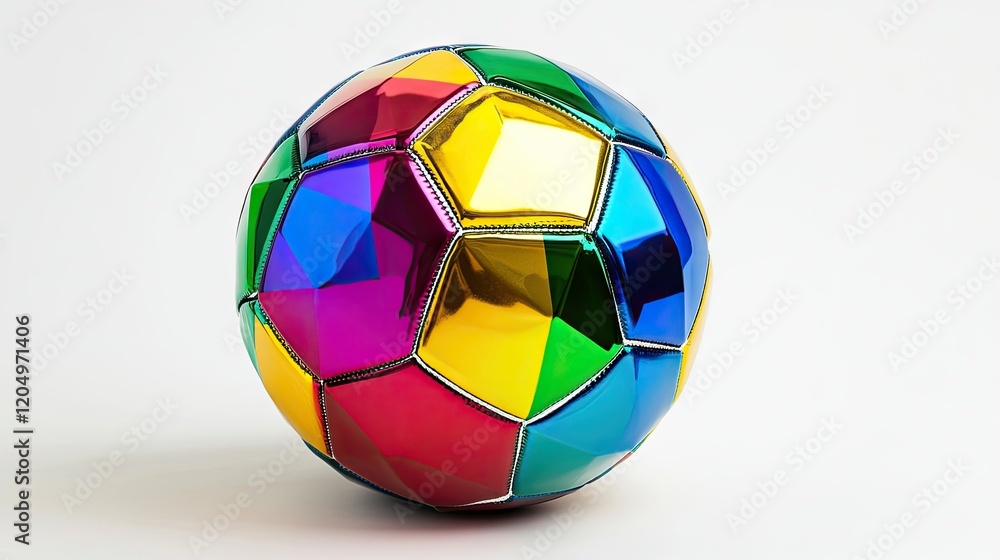 Obraz premium A vibrant soccer ball with rainbow-colored panels, displayed against a pristine white backdrop.