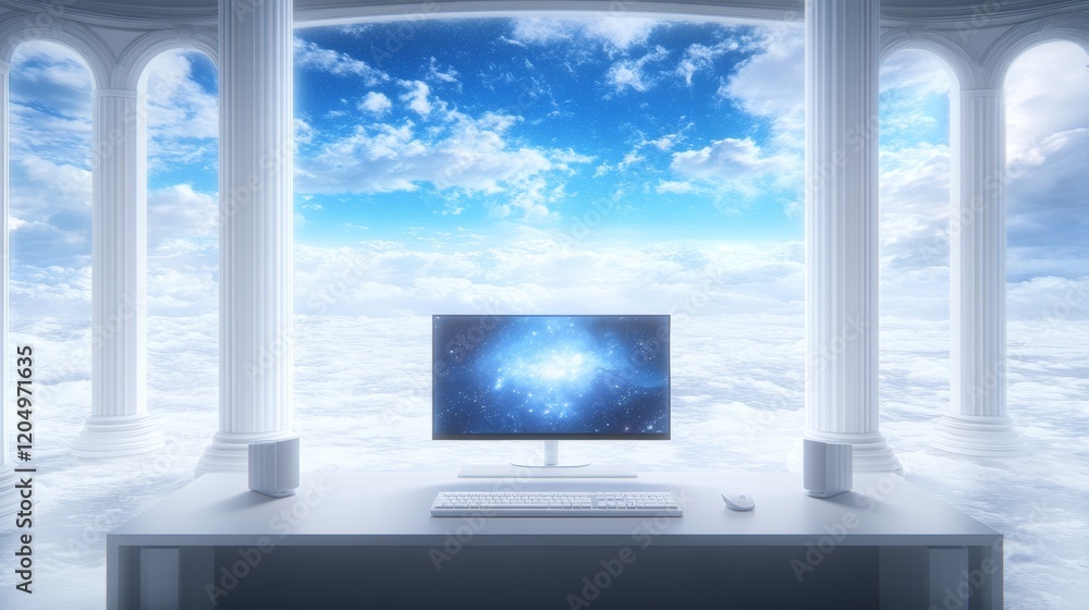 Fototapeta premium Heavenly Workspace Computer Setup in Cloud Palace