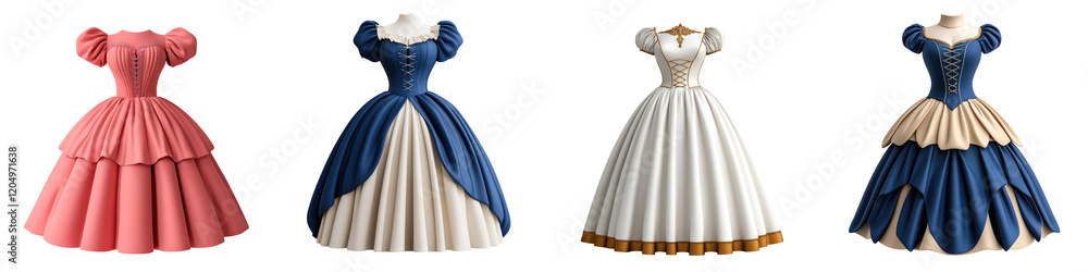 Elegant fairy tale princess gowns in various colors and s, showcasing intricate designs and textures Elegant fairy tale princess gowns in various colors and s, showcasing intricate designs and textures