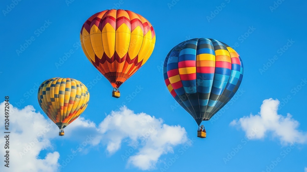 Obraz premium Balloons flying into the blue sky, symbolizing freedom and joyful celebrations 