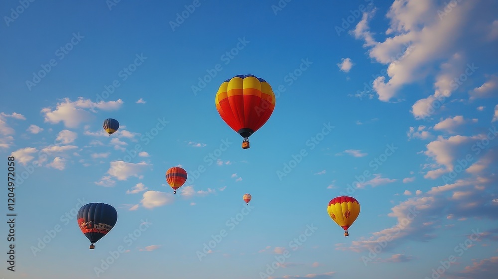 Balloons flying into the blue sky, symbolizing freedom and joyful celebrations Balloons flying into the blue sky, symbolizing freedom and joyful celebrations