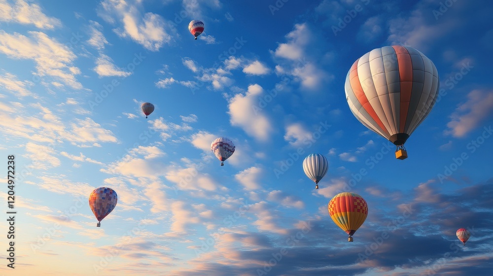 Fototapeta premium Balloons flying into the blue sky, symbolizing freedom and joyful celebrations 