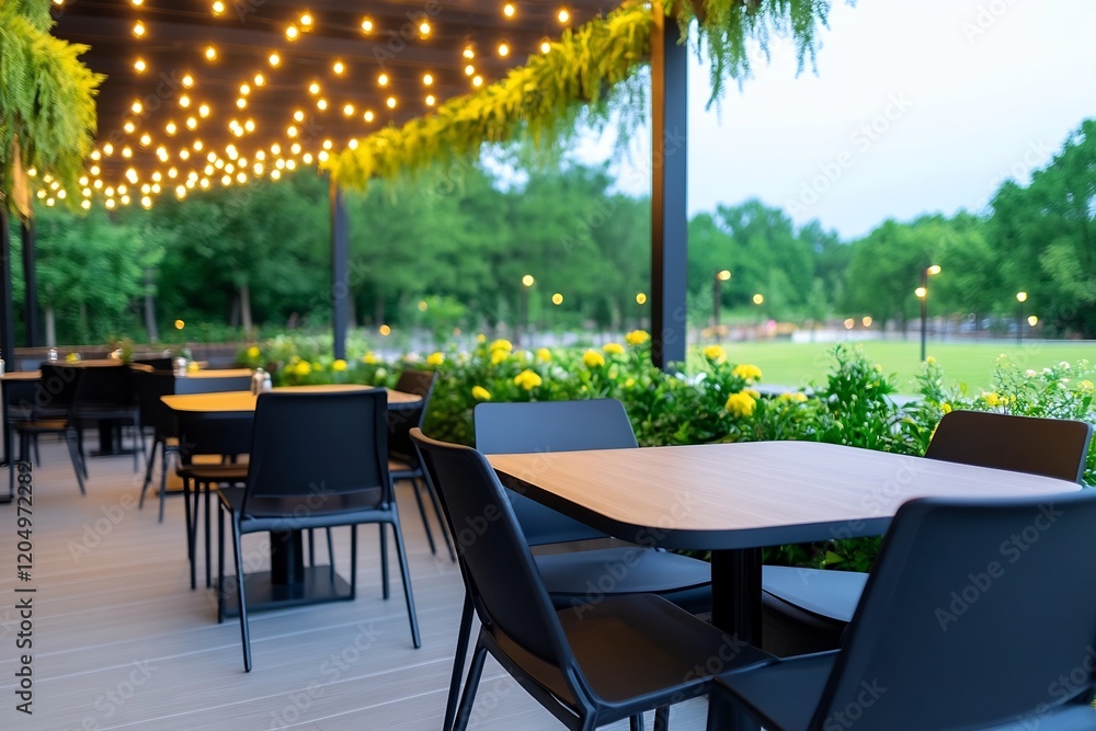 Obraz premium Inviting Outdoor Terrace Decked with Cafe Lights and Lush Greenery Ideal for Casual Dining Experiences