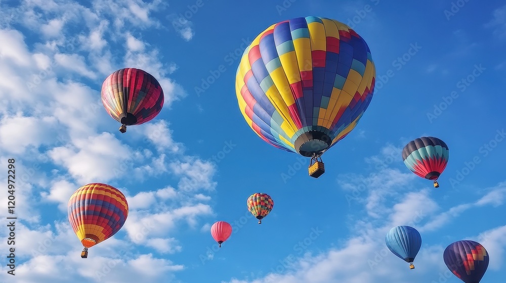 Obraz premium Balloons flying into the blue sky, symbolizing freedom and joyful celebrations 