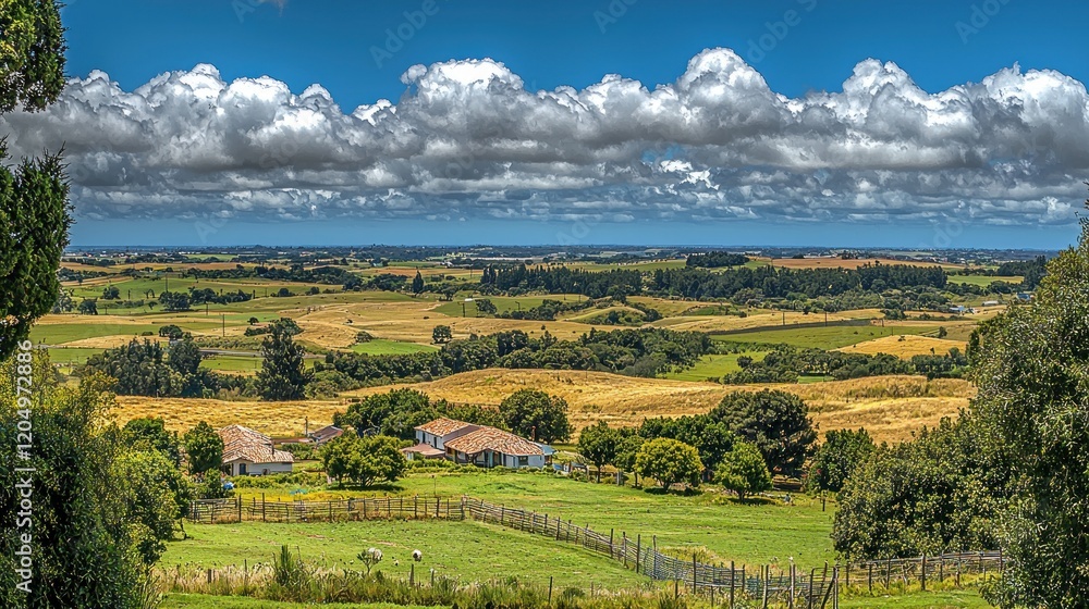 Obraz premium Rural Farmland Panoramic View, Cloudy Sky, Hilltop