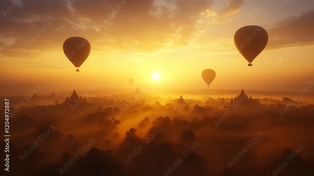 Naklejka premium Hot Air Balloons Over Ancient Temples at Sunrise