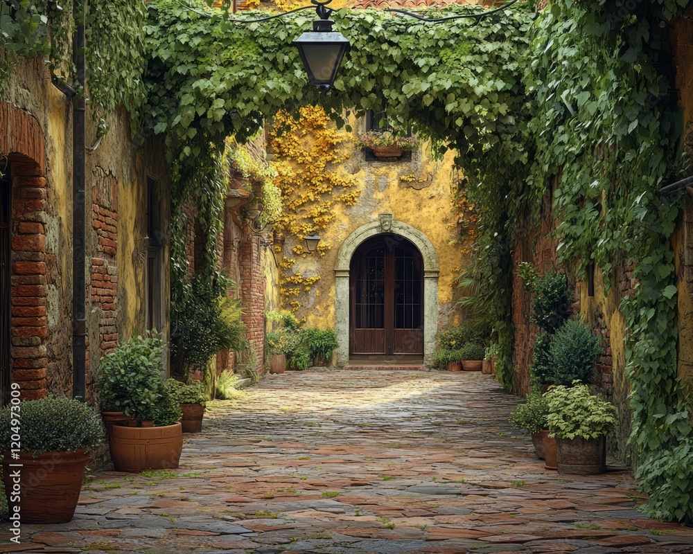 Fototapeta premium Quiet courtyard in an old city surrounded by ivy-covered walls 