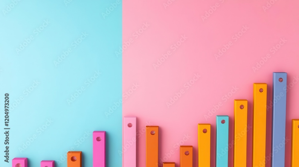Obraz premium A vibrant bar graph in pastel colors, showcasing growth and data representation against a split background of blue and pink.