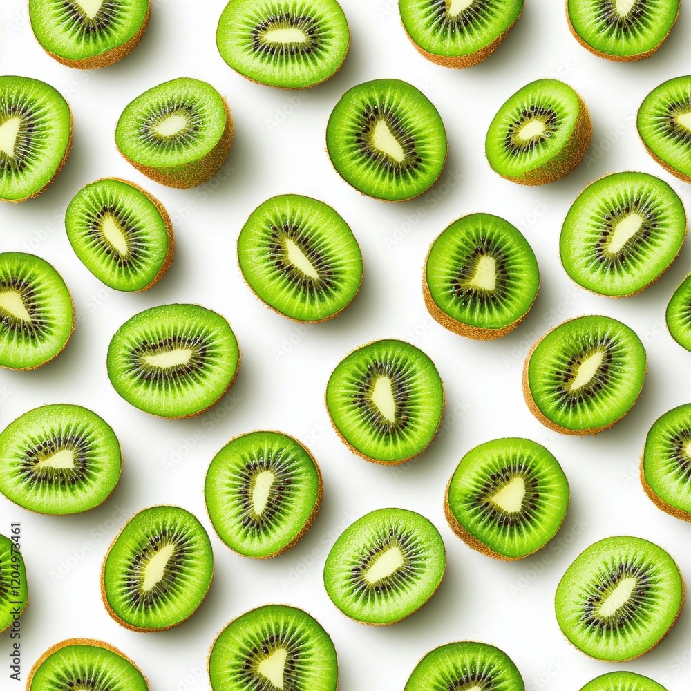 Fototapeta premium Vibrant Kiwi Fruit Slices Pattern on White Background