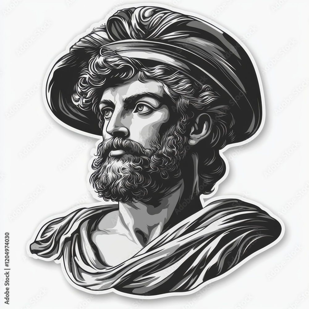 Fototapeta premium Detailed grayscale depiction of a classical man with beard and hat in sticker style