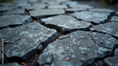 A captivating close-up of cracked, dark gray concrete with intricate patterns amid scattered brown leaves, evoking a sense of natural reclaiming.   photo