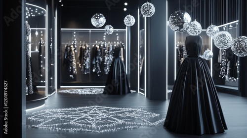 a high-end boutique showcasing monochromatic black and silver evening wear complemented by glowing geometric ornaments and a mirrored snowflake floor display, celebrating Christmas Eve Day,