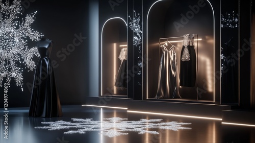 a high-end boutique showcasing monochromatic black and silver evening wear complemented by glowing geometric ornaments and a mirrored snowflake floor display, celebrating Christmas Eve Day,