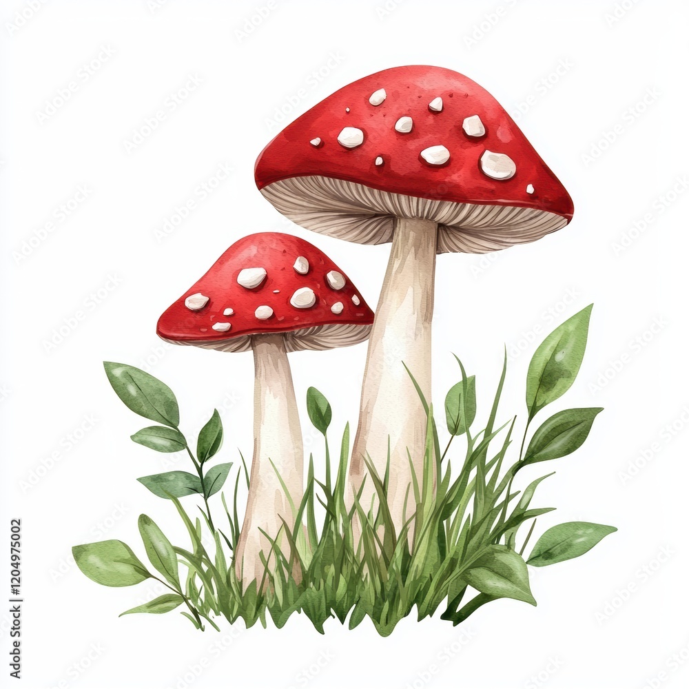 Watercolor Illustration of Two Red Mushrooms with White Spots in Green Grass Watercolor Illustration of Two Red Mushrooms with White Spots in Green Grass