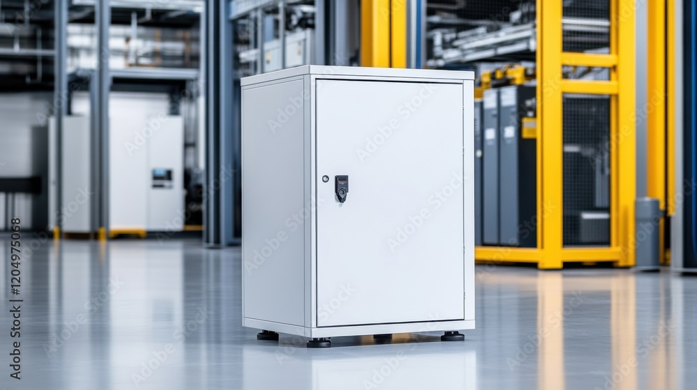 Modern Lockable Storage Cabinet in a Bright and Clean Industrial Environment with Organised Workplace Background Modern Lockable Storage Cabinet in a Bright and Clean Industrial Environment with Organised Workplace Background