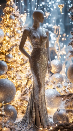  a trendy Christmas Eve fashion shoot background, showcasing a stylish mannequin wearing a holiday cocktail dress with sequins, surrounded by fairy light orbs,