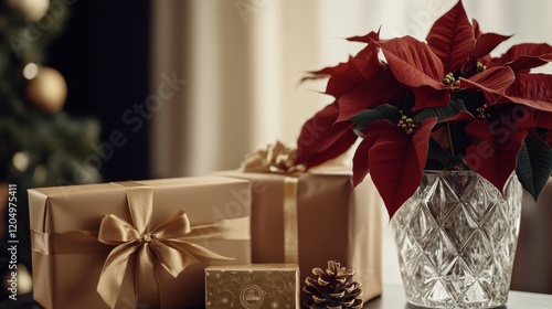 a luxury gift-wrapping setup showcasing silk ribbons, gold foil paper, and embossed seals, with a crystal-cut vase of fresh poinsettias nearby, celebrating Christmas Eve Day, 