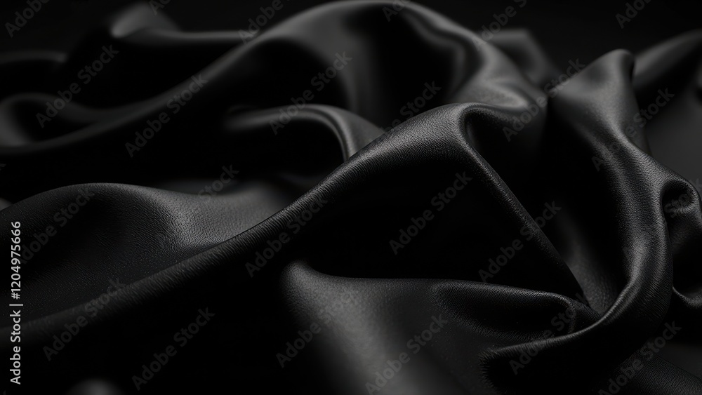 Fototapeta premium Lustrous black satin glistens with smooth, silky folds against a stark black backdrop, highlighting intricate textures and subtle sheen