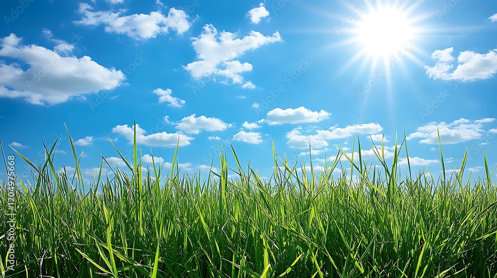 Obraz premium Lush Spring Garden with Vibrant Green Grass Under Blue Sky