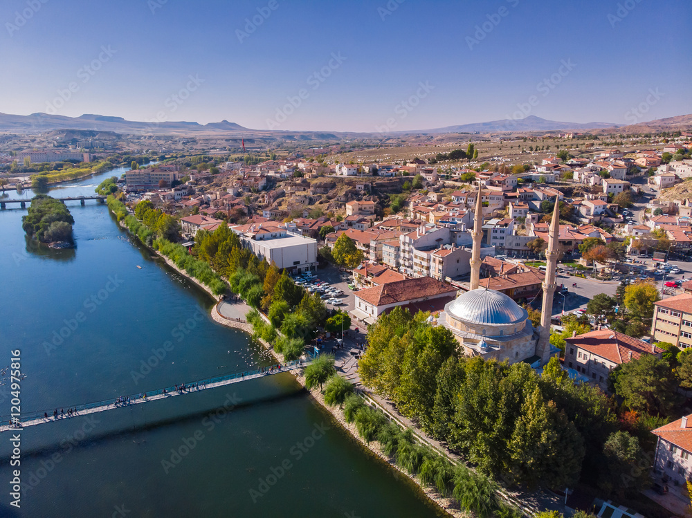 Obraz premium Aerial view of avanos cityscape along kizilirmak river, Cappadocia - amazing travel destination in Turkey