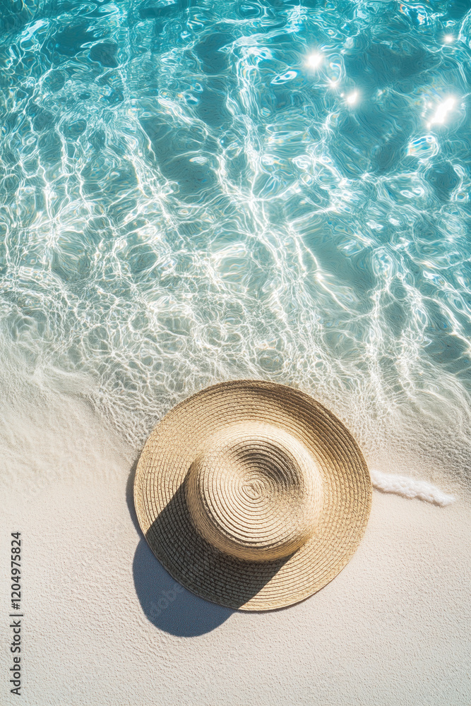 Tropical Beach Paradise with Straw Hat and Crystal Clear Water. Summer Vacation Lifestyle Photography Featuring Sun Hat on White Sand Beach with Turquoise Ocean Waves
