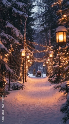 a picturesque Christmas Eve forest trail lit by glowing lanterns and lined with decorated pine trees, with a sleigh parked in the snow, celebrating Christmas Eve Day,