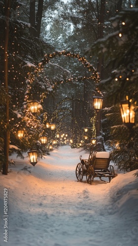 a picturesque Christmas Eve forest trail lit by glowing lanterns and lined with decorated pine trees, with a sleigh parked in the snow, celebrating Christmas Eve Day,