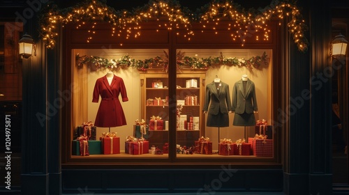 a boutique window decorated with elegant holiday office wear--tailored blazers and pencil skirts in deep accented by tiny wrapped gift boxes and a warm glowing garland, celebrating Christmas Eve Day
