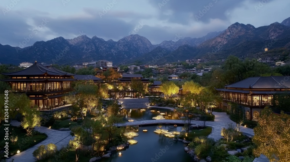 Illuminated Asian Resort nestled in Mountain Valley at Dusk Illuminated Asian Resort nestled in Mountain Valley at Dusk