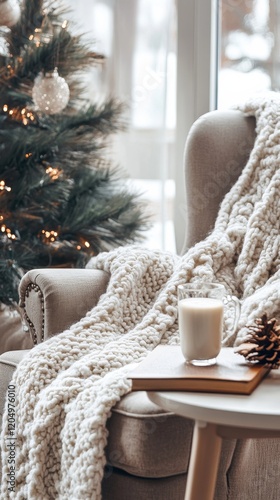  a cozy armchair setup with a chunky knit blanket, a book, and a glass of eggnog on a side table, celebrating Christmas Eve Day