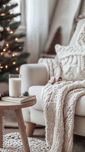  a cozy armchair setup with a chunky knit blanket, a book, and a glass of eggnog on a side table, celebrating Christmas Eve Day