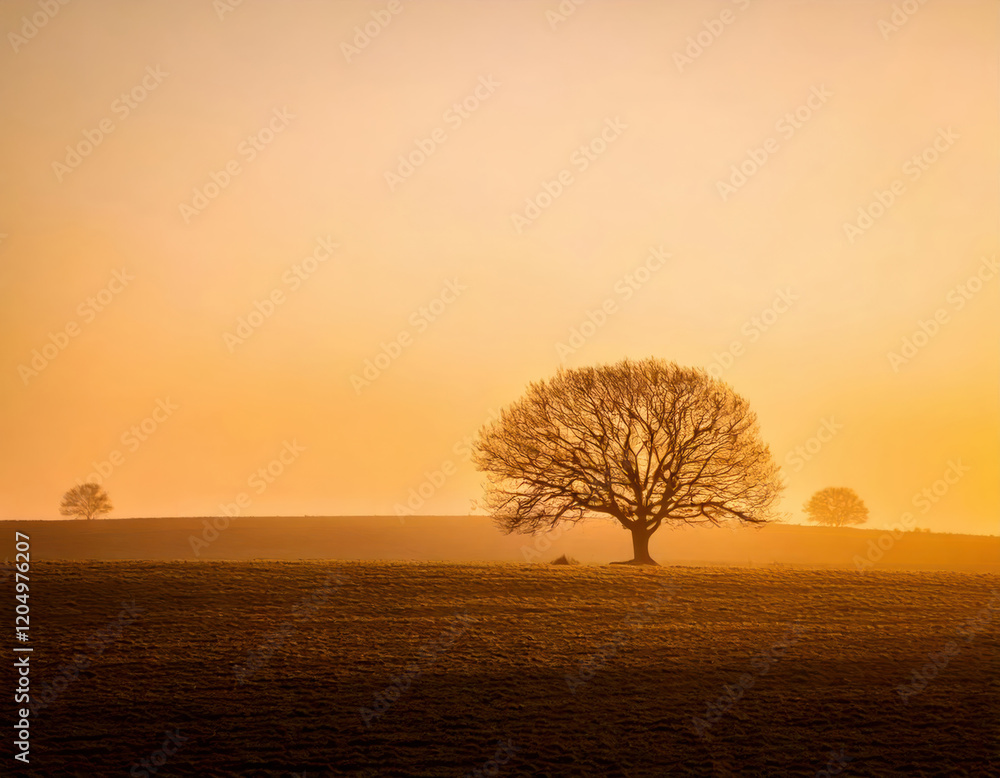Golden Hour Serenity: Silhouette of a Solitary Tree at Sunset. A tranquil scene of a bare tree standing against a vibrant orange and yellow sky, evoking peace and solitude in nature's beauty.