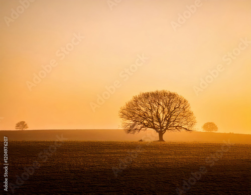 Obraz na płótnie Golden Hour Serenity: Silhouette of a Solitary Tree at Sunset. A tranquil scene of a bare tree standing against a vibrant orange and yellow sky, evoking peace and solitude in nature's beauty. w salonie