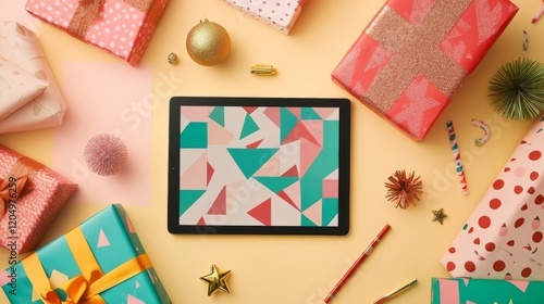  a modern gift-wrapping station featuring geometric patterns on wrapping paper, metallic pens for calligraphy, and a tablet showing a DIY video tutorial, celebrating Christmas Eve Day, 