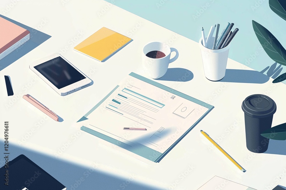 illustration of a sleek and organized modern workspace featuring digital devices, documents, and coffee cups, highlighting minimalism and productivity. illustration of a sleek and organized modern workspace featuring digital devices, documents, and coffee cups, highlighting minimalism and productivity.