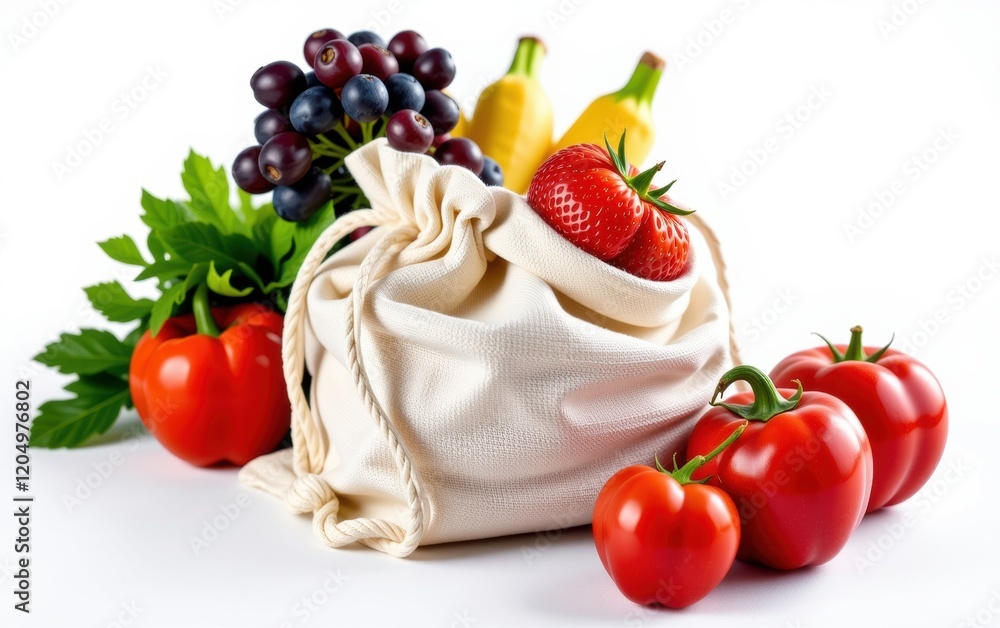 A vibrant assortment of fresh vegetables spilling out of a reusable cloth bag, emphasizing sustainable shopping and healthy eating. A vibrant assortment of fresh vegetables spilling out of a reusable cloth bag, emphasizing sustainable shopping and healthy eating.