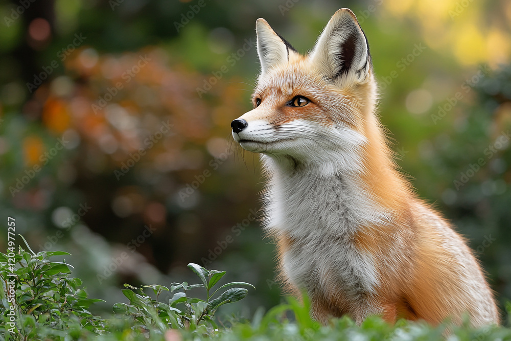 Fototapeta premium Red Fox Alert in Autumnal Woodland Setting