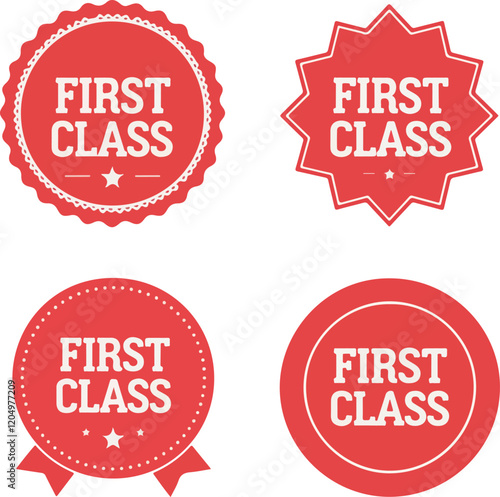 set off vector illustration distinct red badges, each with the text "first class" 