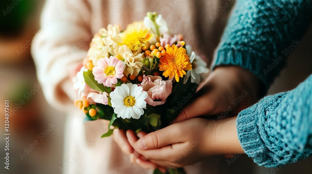 Child handing a bouquet of flowers to their grandmother on her birthday, soft focus, warm and emotional tones Child handing a bouquet of flowers to their grandmother on her birthday, soft focus, warm and emotional tones