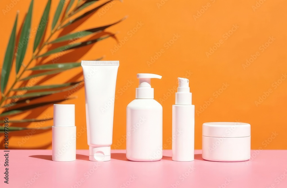 White plastic package in row on bright millenial pink table with orange backdrop. Sunny still life beauty branding set with fern shadows. Mock up for sun protection products White plastic package in row on bright millenial pink table with orange backdrop. Sunny still life beauty branding set with fern shadows. Mock up for sun protection products