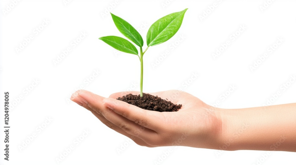 A hand gently holds a small plant with two green leaves, symbolizing growth, care, and environmental sustainability. A hand gently holds a small plant with two green leaves, symbolizing growth, care, and environmental sustainability.
